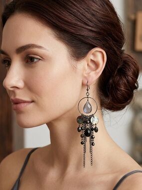 Gunmetal Gray Stone Hoop Statement Earrings Boho Dangle Chain